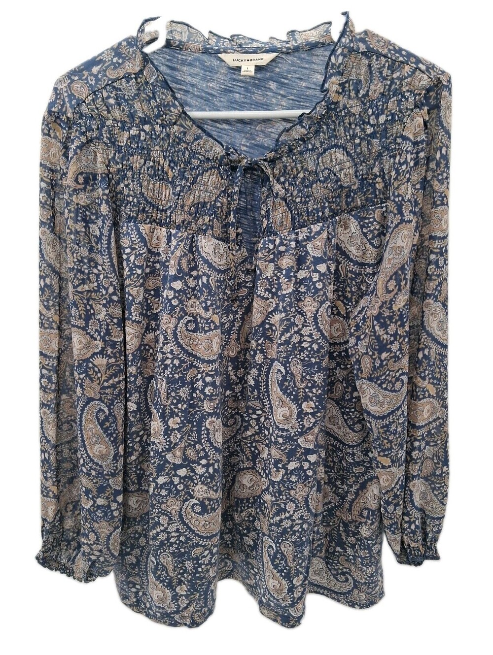Lucky Brand Shirt Womens Large Blue Boho Paisley Peplum India V Neck Lightweight